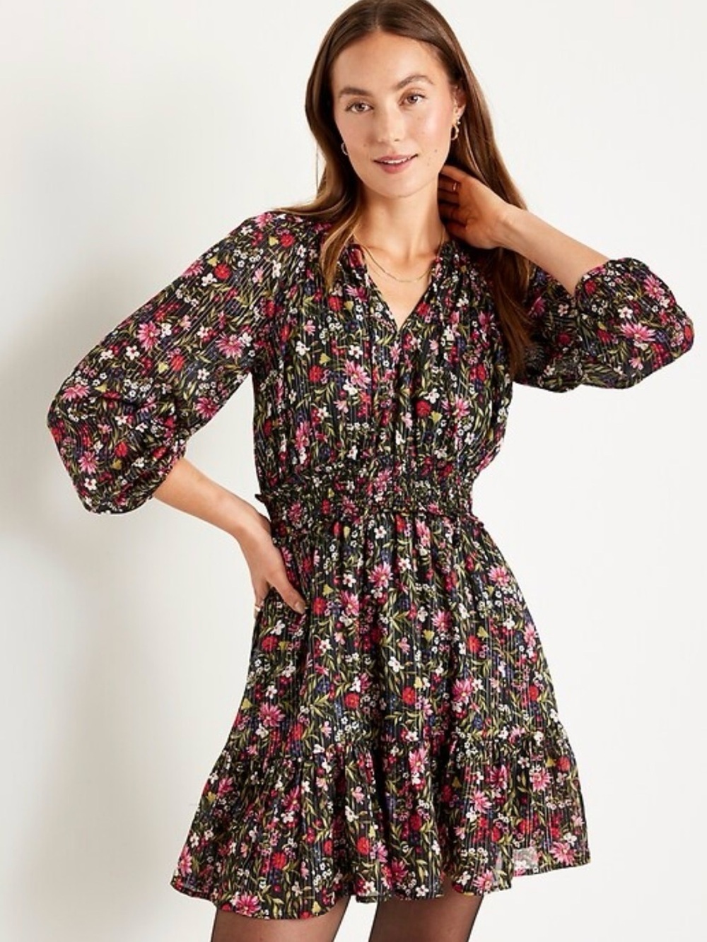 Old Navy Mini Dress Black Floral Shine Waist Defined Lined Long Sleeve Sz M